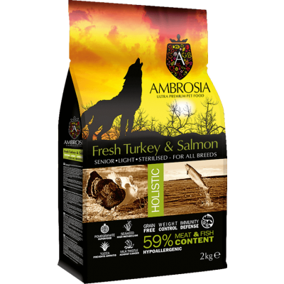 ambrosia אמברוסיה מזון הוליסטי היפואלרגני לכלבים בוגרים (סיניור לייט מיני) ללא דגנים - הודו וסלמון 5 ק"ג